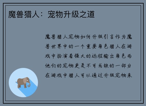 魔兽猎人：宠物升级之道